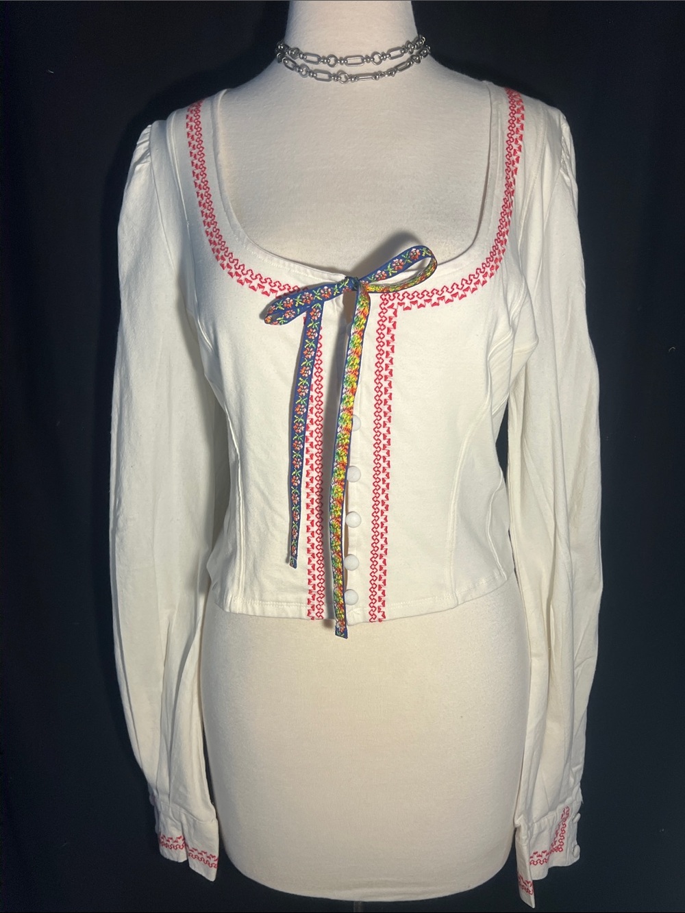 Free People peasant blouse/plunging scoop neck/ribbon tie/long sleeves-NWT